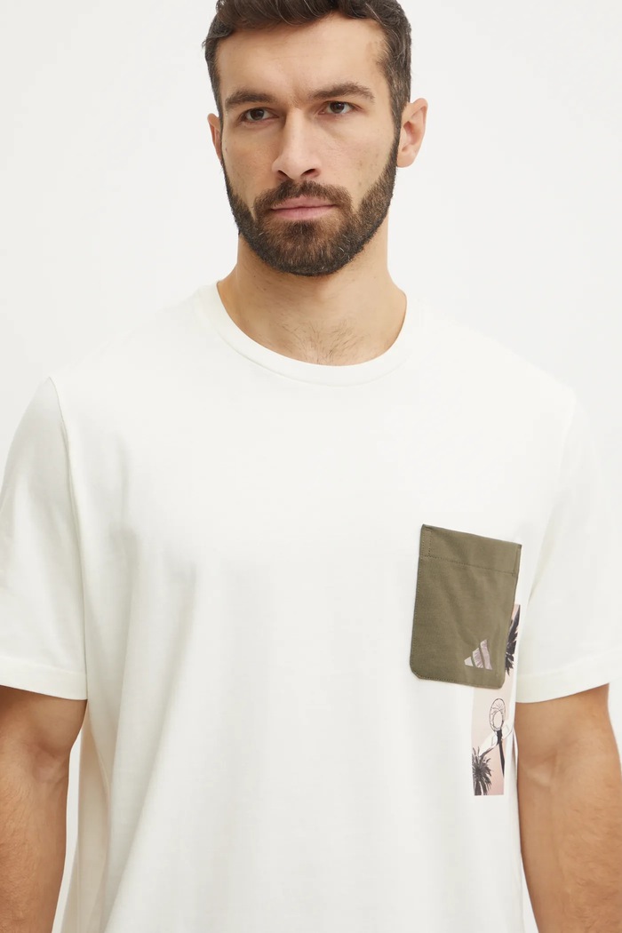 Bavlněné tričko adidas M T LENS PKT T béžová JJ3928