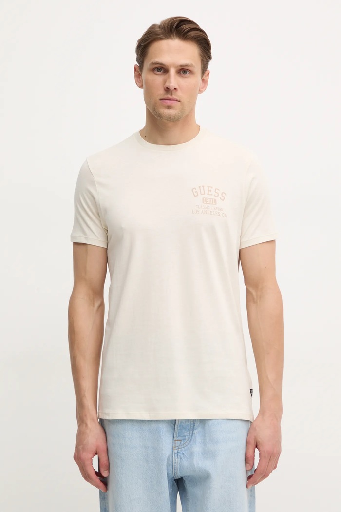 Guess t-shirt bawełniany nadruk beżowy M5RI86.K9RM1