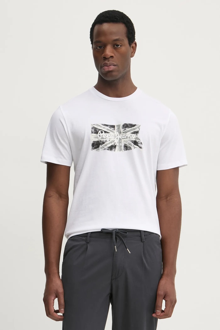 Pepe Jeans tricou din bumbac FLAG BW print alb PM509720