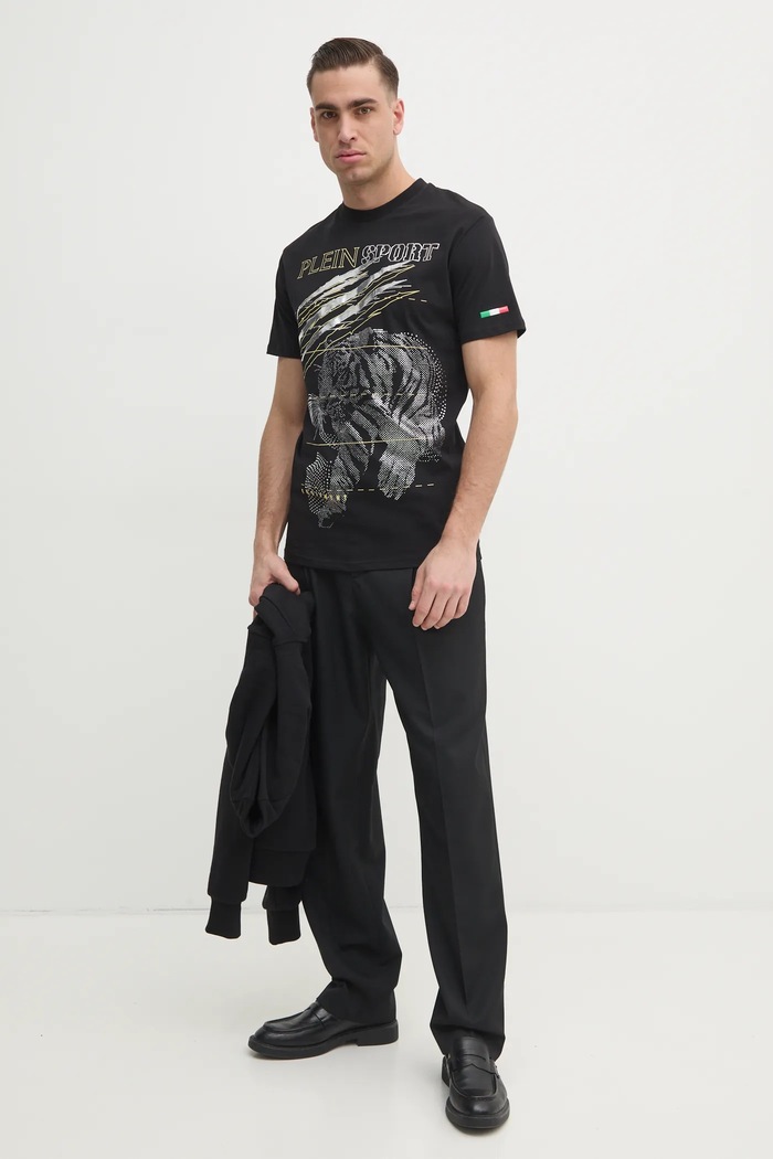 Βαμβακερό μπλουζάκι PLEIN SPORT SAEC.MTK8006.STE001N μαύρο SS25
