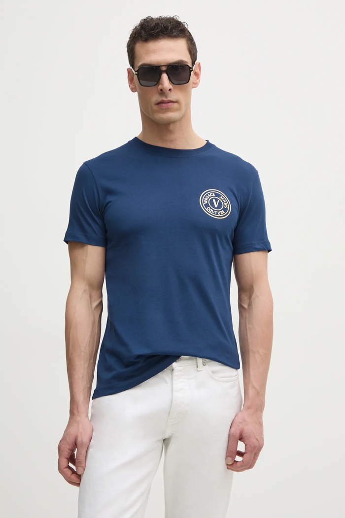 Bavlněné tričko Versace Jeans Couture slim námořnická modř 78GAHT00.CJ00T