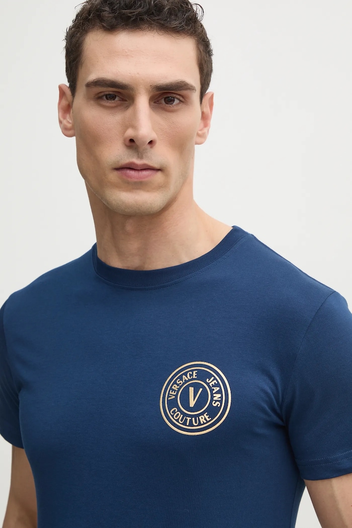 Bavlněné tričko Versace Jeans Couture námořnická modř 78GAHT00.CJ00T