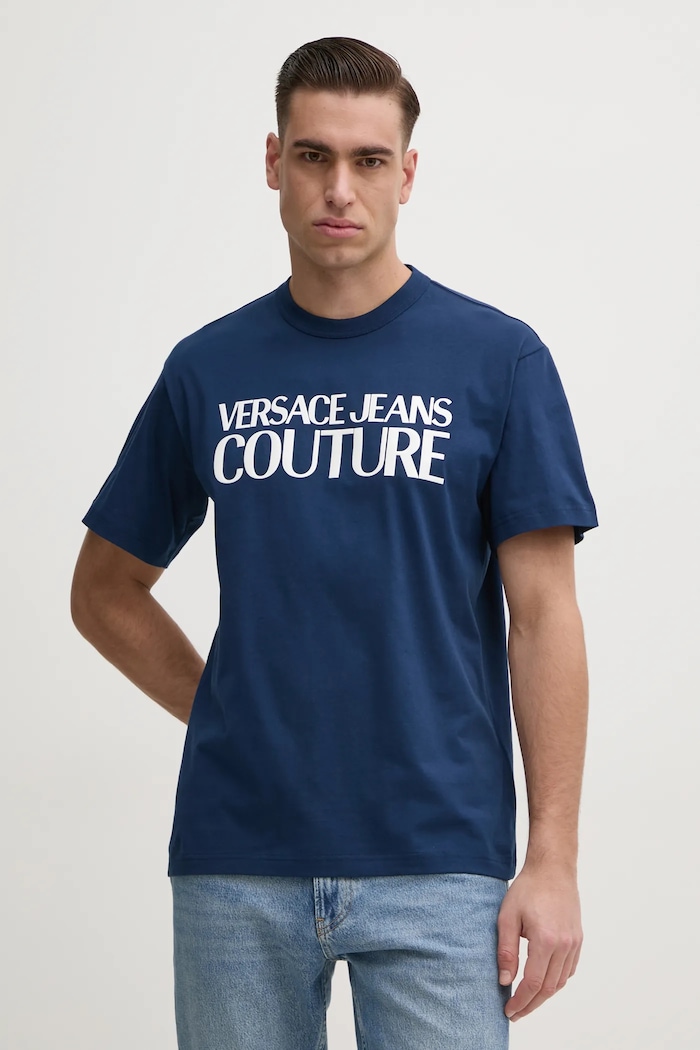 Bavlněné tričko Versace Jeans Couture potisk námořnická modř 78GAHE05.CJ00E