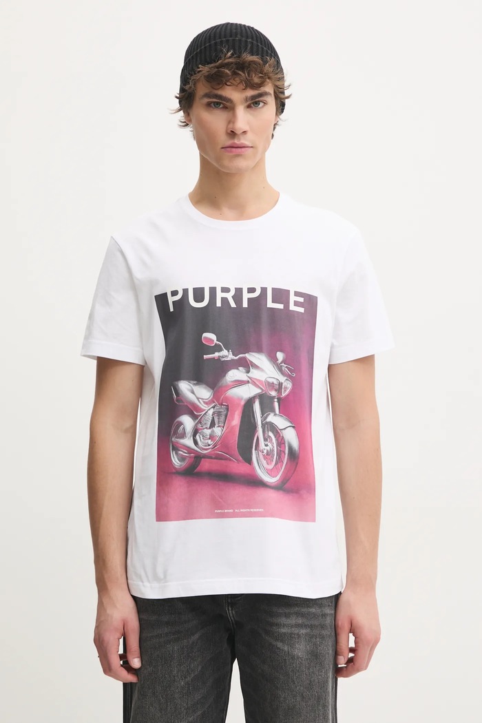 PURPLE BRAND t-shirt bawełniany CLEAN JERSEY SS TEE nadruk biały P109.CBAC125