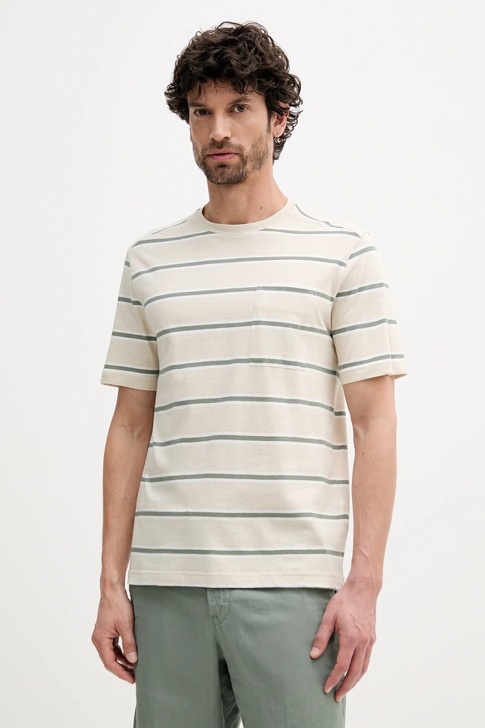 United Colors of Benetton t-shirt z domieszką lnu regular beżowy 32UZU10A7
