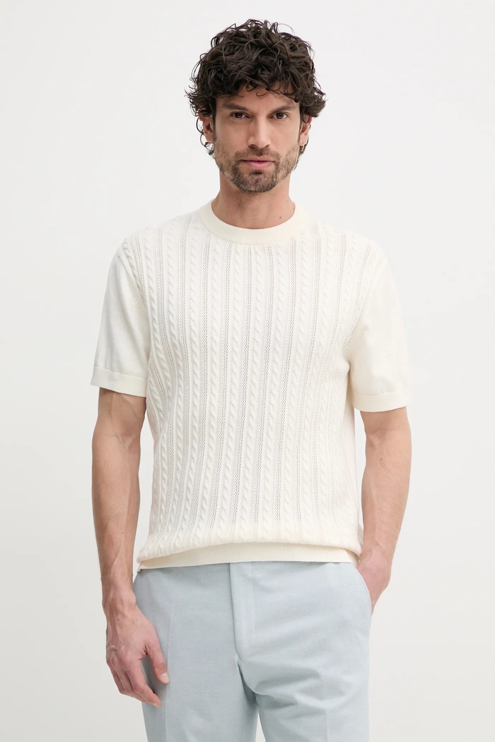 Bavlněné tričko Lindbergh hladký béžová 30.804115.PEARL.WHITE