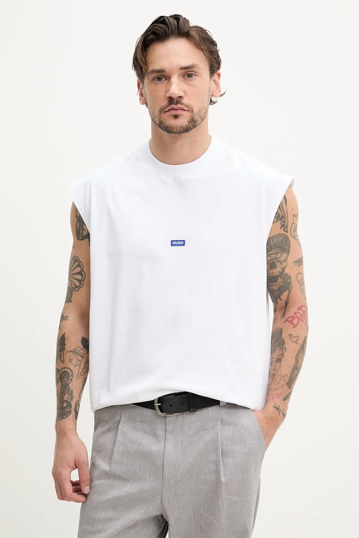 HUGO Blue top męski bawełniany Navertz aplikacja biały 50509773