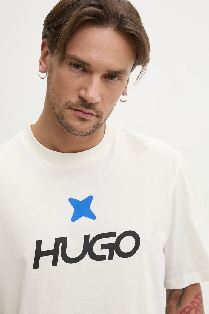 Hugo Blue t-shirt bawełniany beżowy 50542934