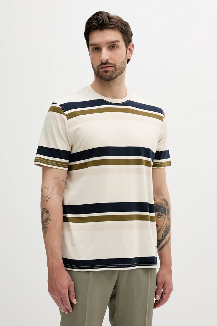 Bavlněné tričko Barbour Golborne Stripe Relaxed Fit T-Shirt regular béžová MTS1409