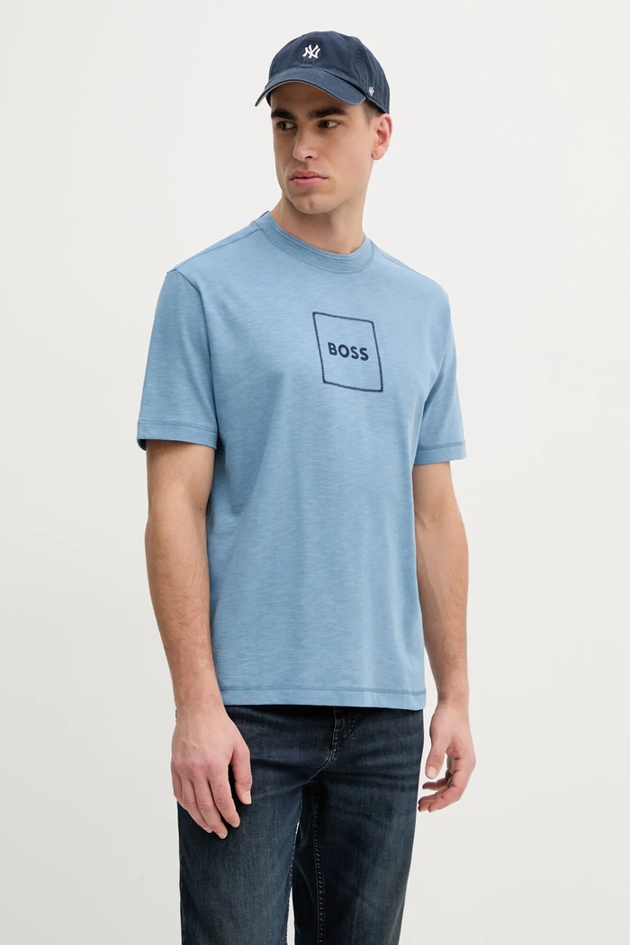 BOSS Orange t-shirt z domieszką lnu regular niebieski 50536729