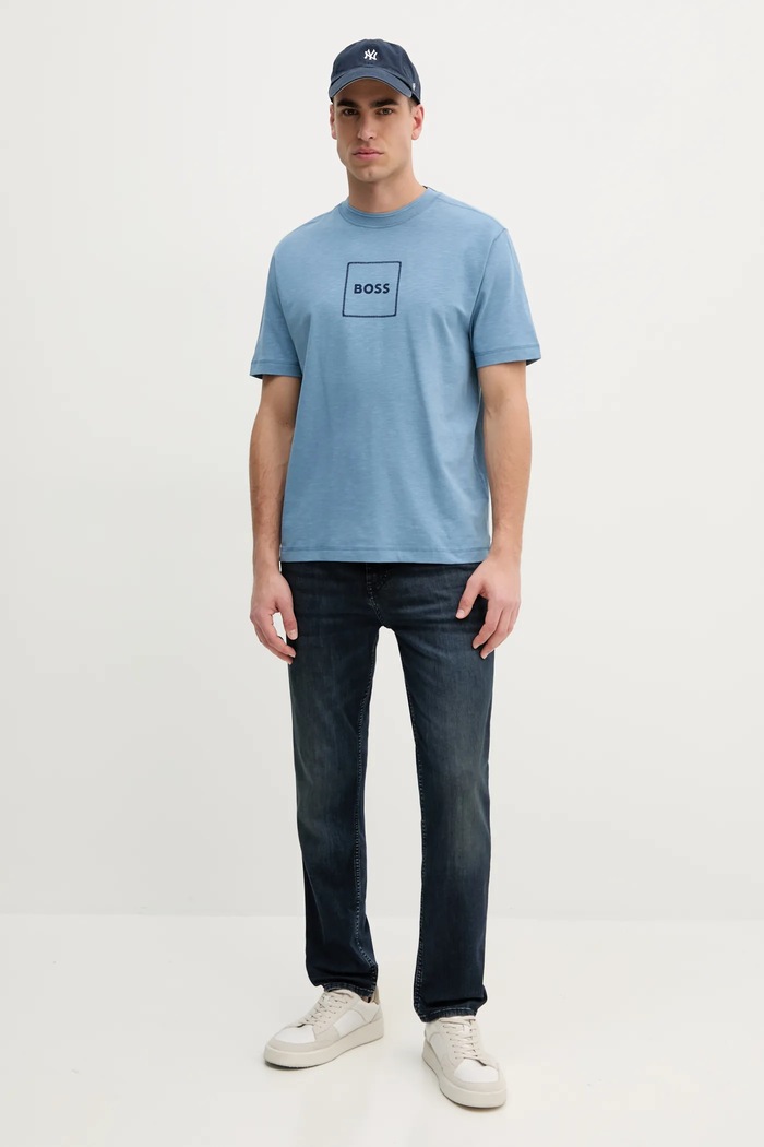 BOSS Orange t-shirt z domieszką lnu 50536729 niebieski SS25