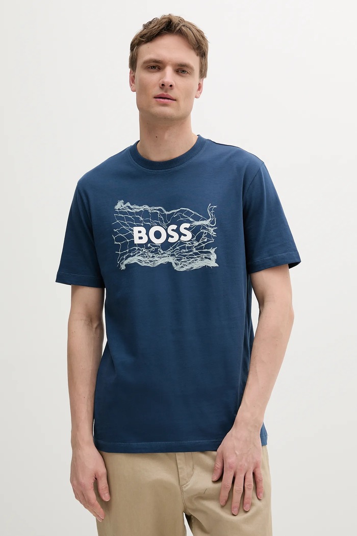 Bavlněné tričko BOSS Orange potisk námořnická modř 50539186