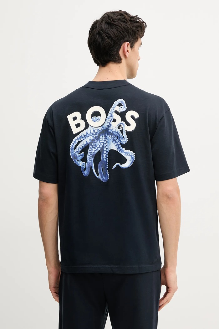 Βαμβακερό μπλουζάκι BOSS Orange στάμπα σκούρο μπλε 50540520