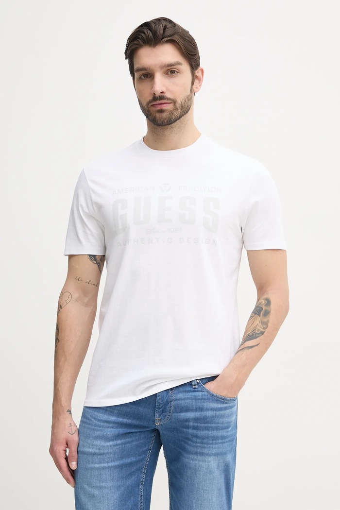 Bavlněné tričko Guess potisk bílá M5GI27.KBW41