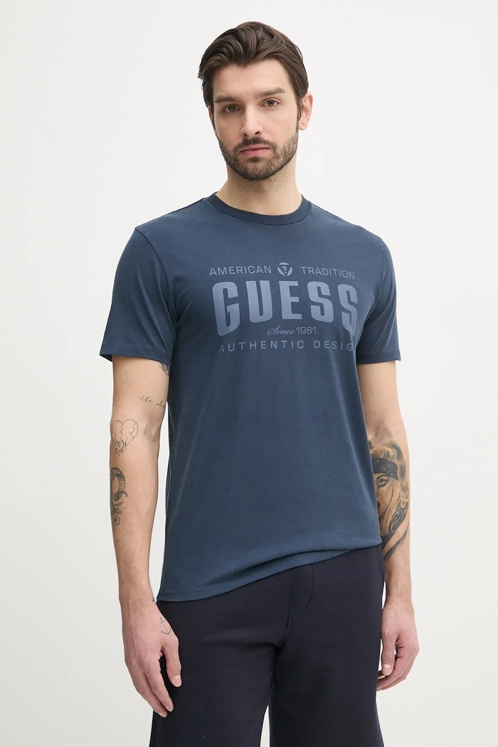 Bavlněné tričko Guess potisk námořnická modř M5GI27.KBW41