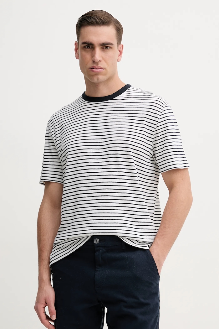 BOSS t-shirt z domieszką lnu regular granatowy 50537498