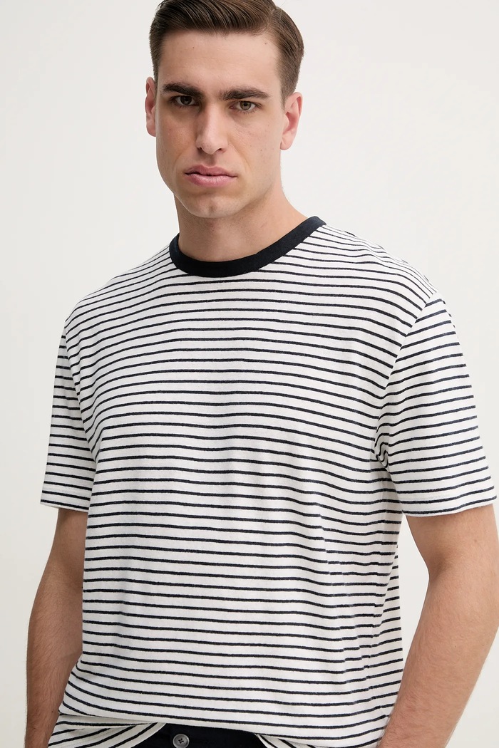 BOSS t-shirt z domieszką lnu granatowy 50537498