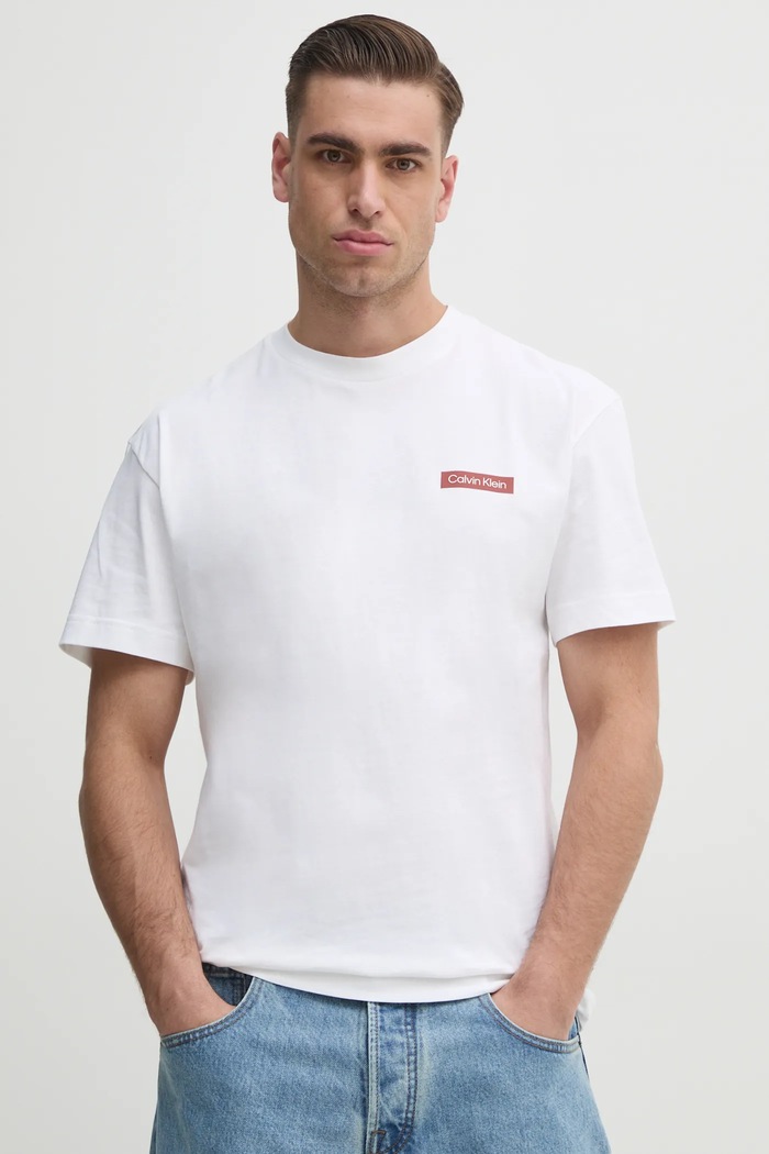 Βαμβακερό μπλουζάκι Calvin Klein στάμπα λευκό K10K114158