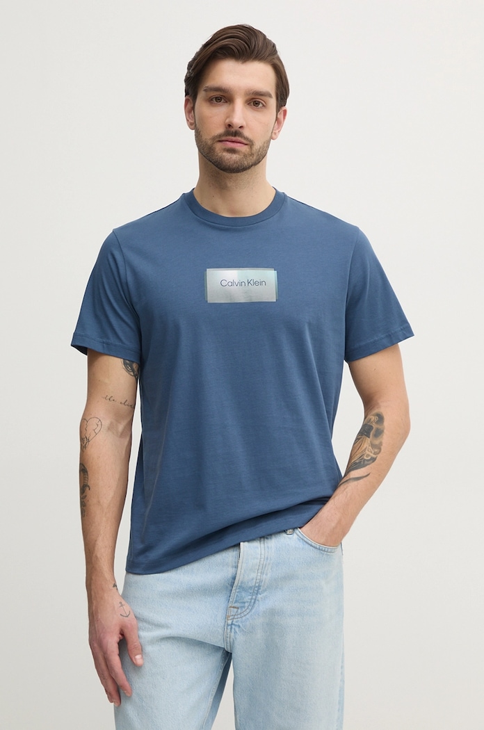 Bavlněné tričko Calvin Klein potisk modrá K10K114174