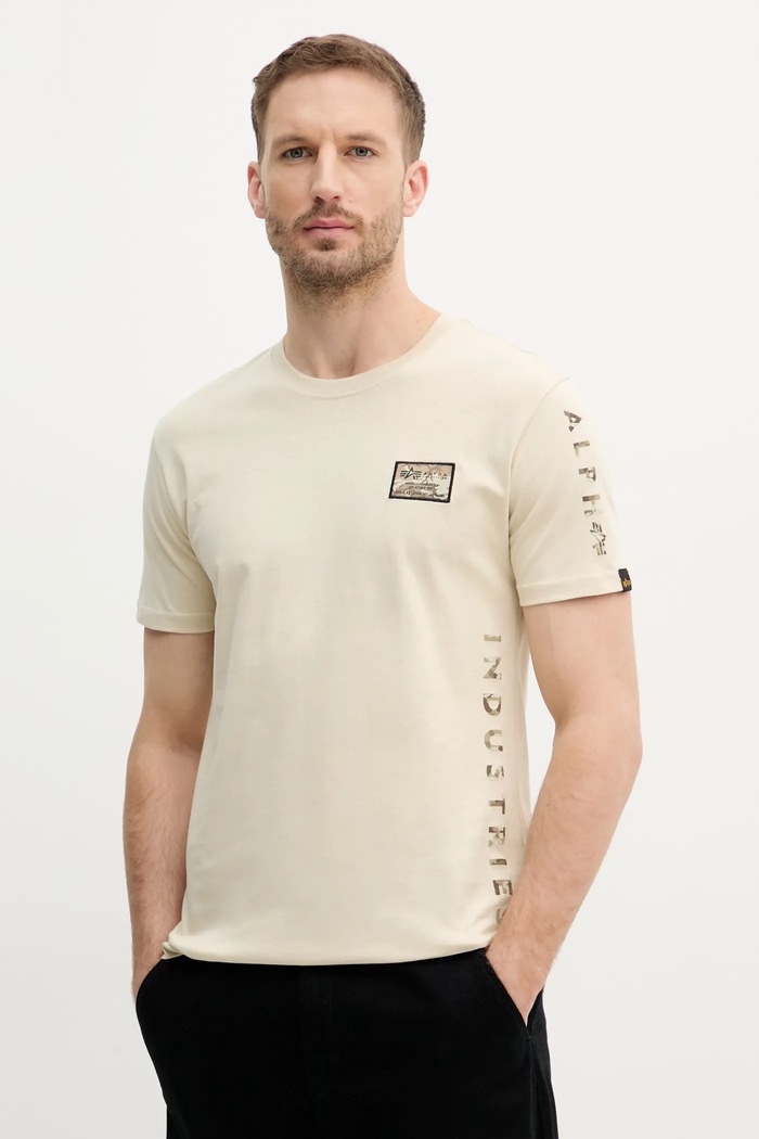 Pamučna majica Alpha Industries Camo Sleeve T pamuk bež 156522