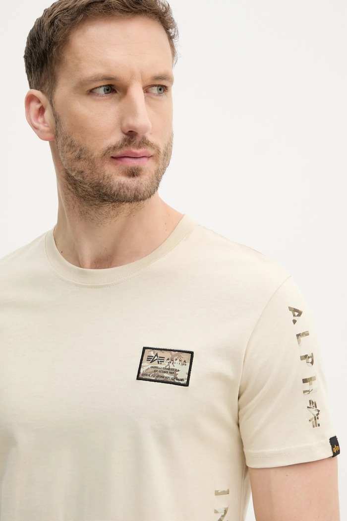 Pamučna majica Alpha Industries Camo Sleeve T bež 156522