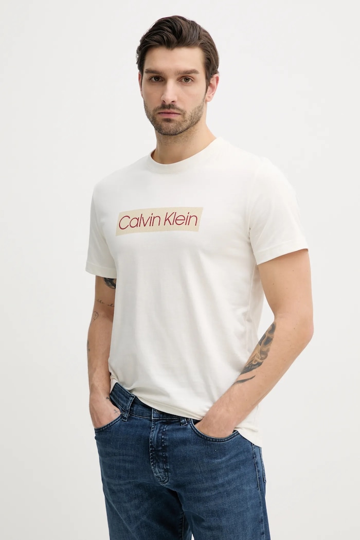 Bavlněné tričko Calvin Klein Jeans béžová J30J327472