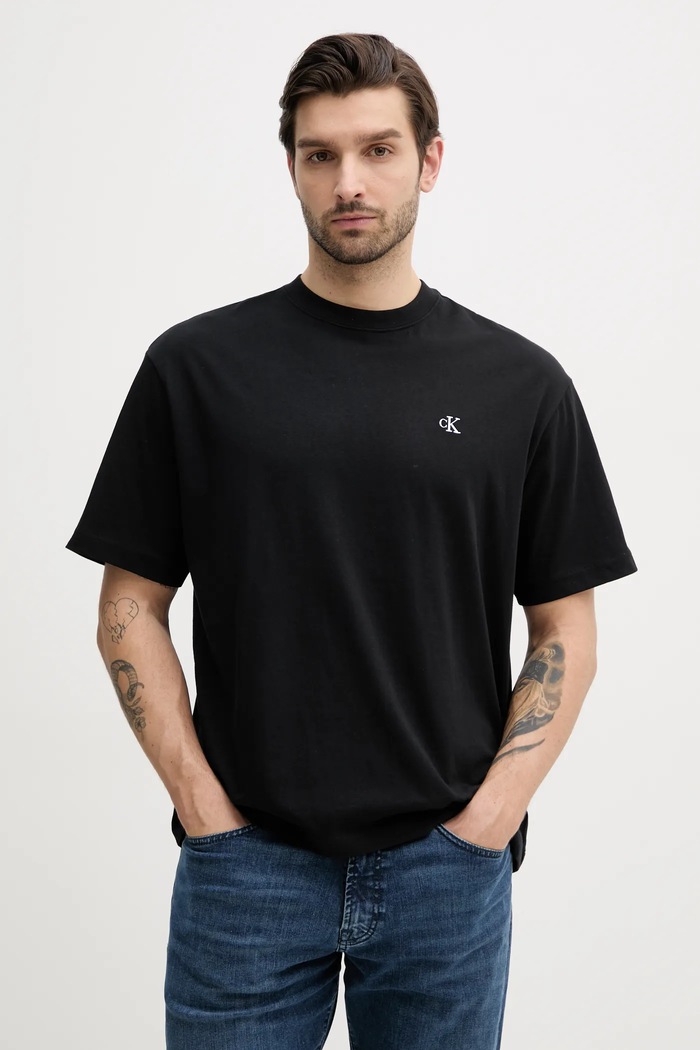 Bavlněné tričko Calvin Klein Jeans kulatý černá LV040HM229
