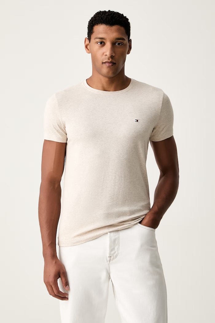 Tommy Hilfiger Tricou basic pentru bărbați din bumbac cu elastan bej MW0MW10800.