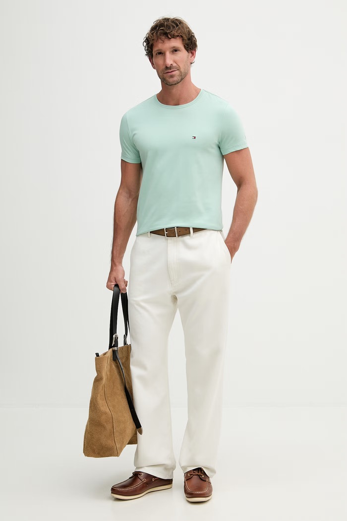 Tommy Hilfiger basic tričko pánske bavlnené s elastanom MW0MW10800. tyrkysová SS26