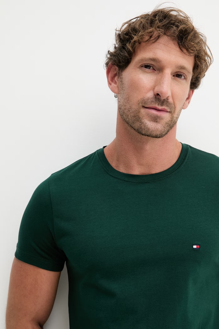 Tommy Hilfiger basic tričko pánske bavlnené s elastanom zelená MW0MW10800.