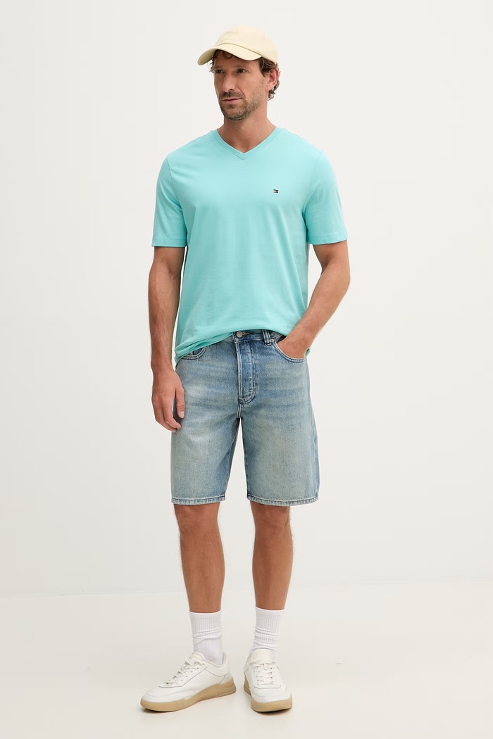 Tommy Hilfiger tricou de bărbați din bumbac MW0MW39249 turcoaz SS26