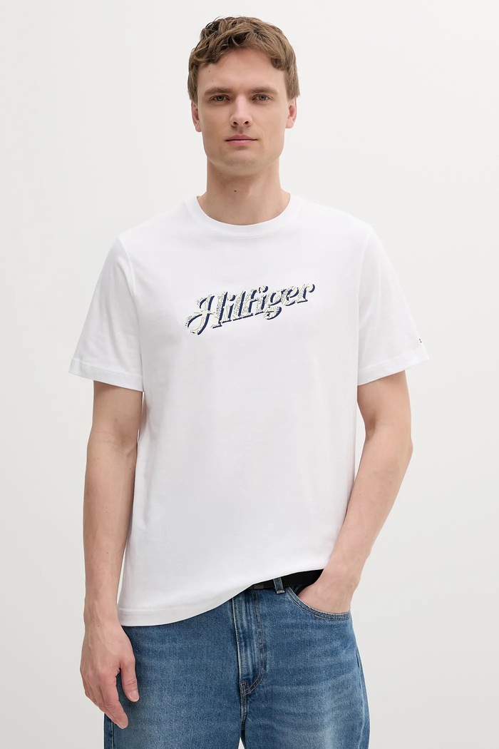 Памучна тениска Tommy Hilfiger щампа бял MW0MW38642
