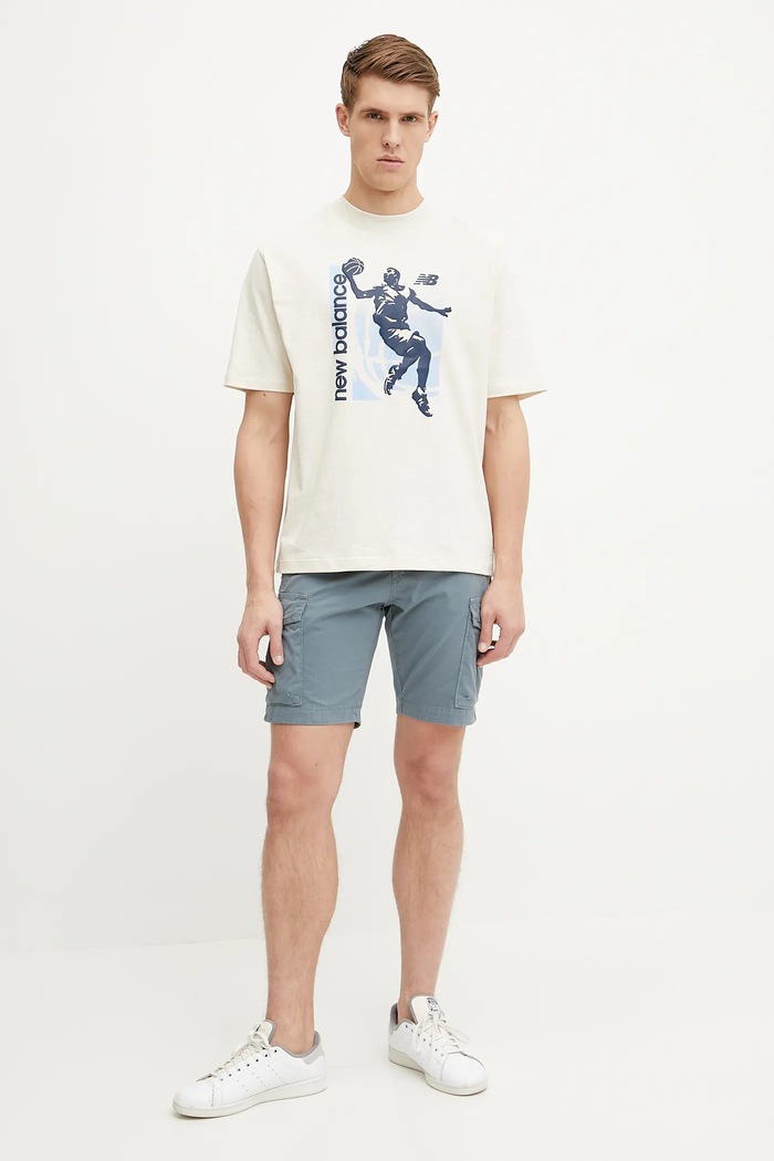 New Balance t-shirt bawełniany MT51605LIN beżowy SS25