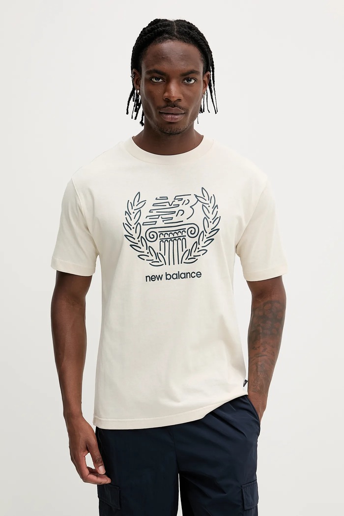 Bavlněné tričko New Balance kulatý béžová MT51974LIN