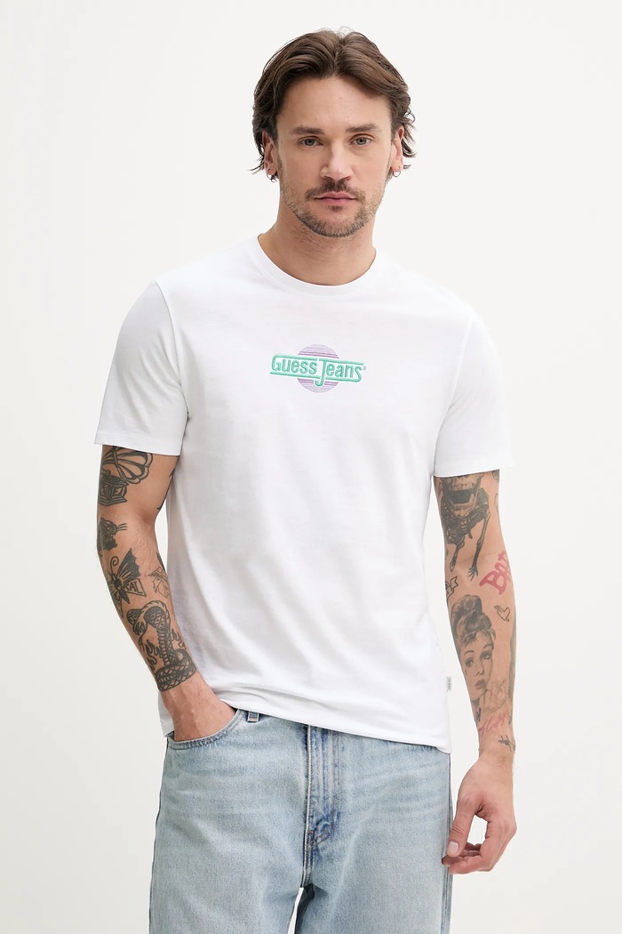 Bombažna kratka majica Guess Jeans Okrogel bela M5GI23.K8HM0