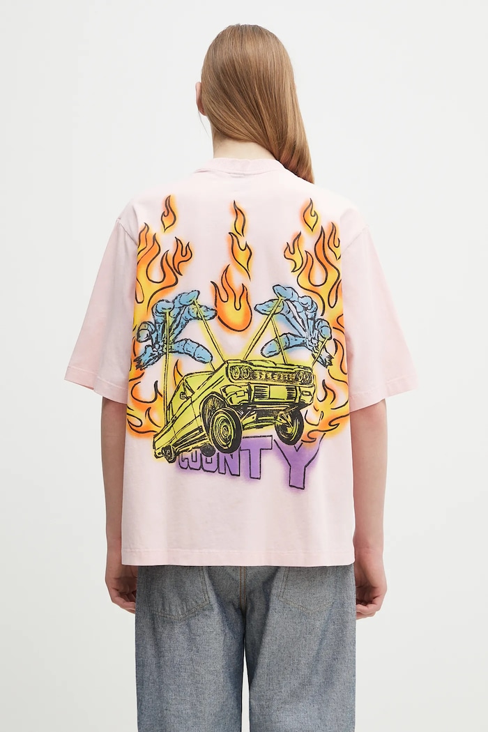 Bombažna kratka majica Marcelo Burlon County Flame Boxy T-Shirt Pink Red Okrogel roza CMAA05AS25JER0073025