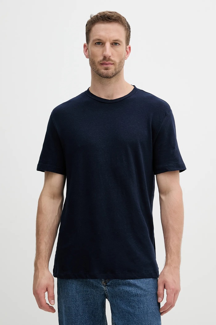 United Colors of Benetton t-shirt lniany okrągły granatowy 3UTFU10B1