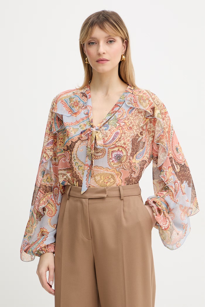 Guess blúzka s volánom dámska PAISLEY oranžová W6PH0G.WP691