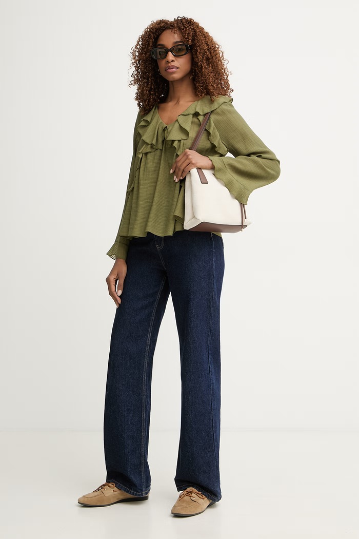 Pedro del Hierro bluza z volančki ženska z viskozo 6633455 zelena SS26