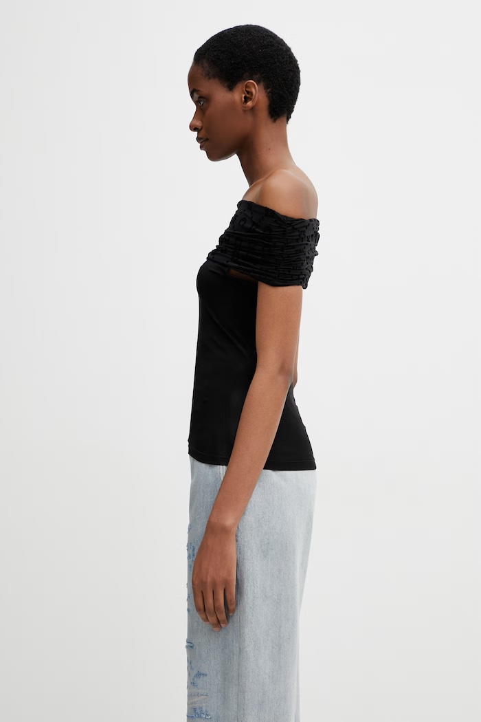 Marine Serre Off Shoulder Drapped Top plain women's blouse with viscose WTO509ACJER0022 black SS26