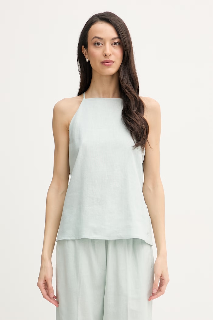 Calvin Klein Jeans bluzka na ramiączkach damska z lnem turkusowy LV047F119G