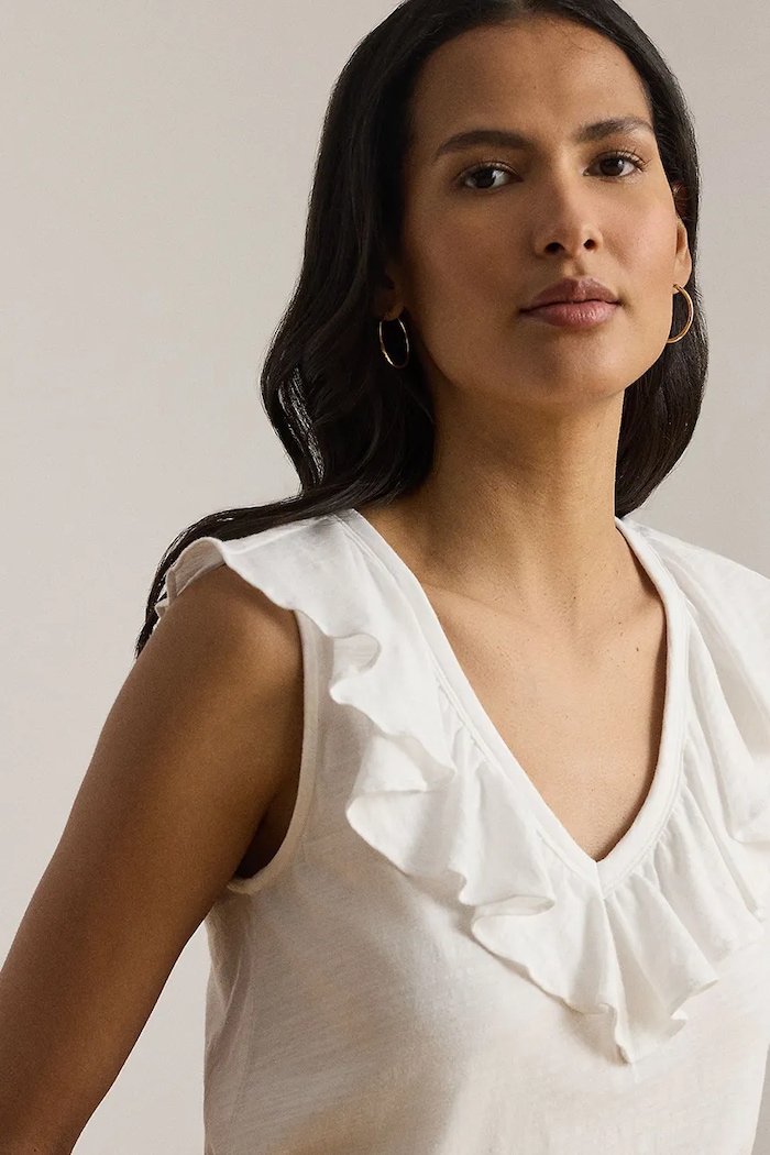 Lauren Ralph Lauren bluzka z falbanką damska bawełniana biały 200P13315