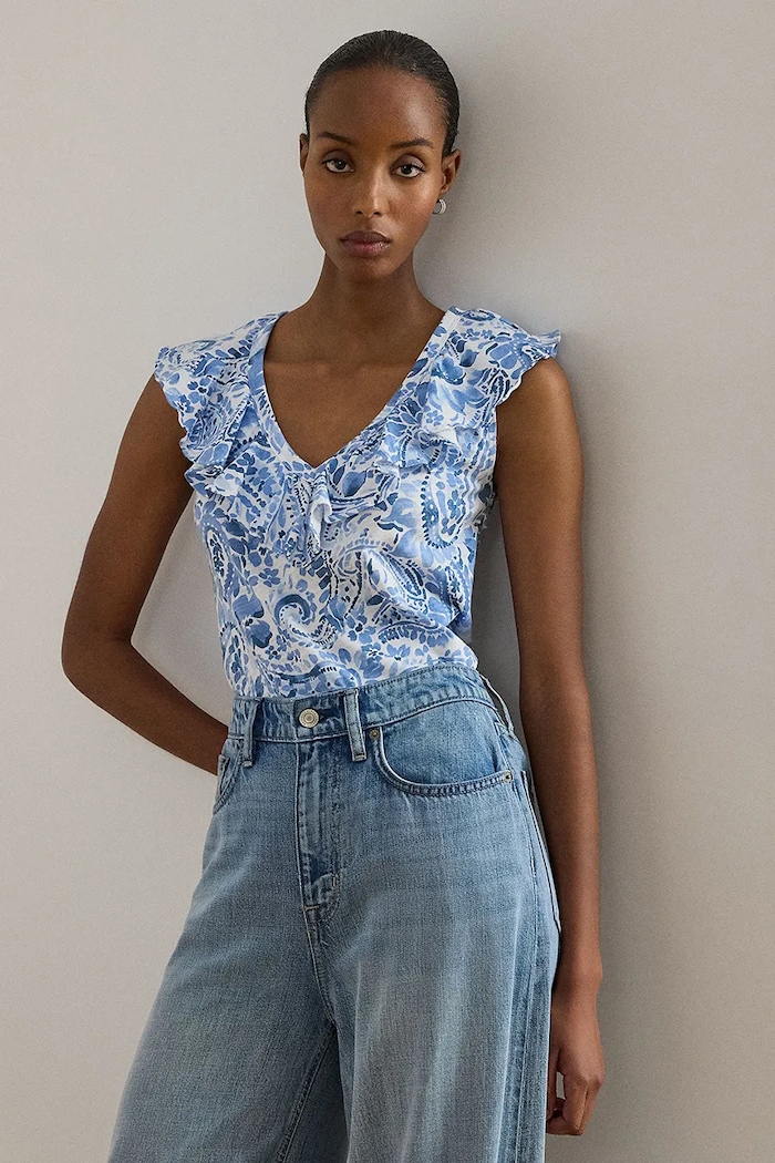 Lauren Ralph Lauren bluzka z falbanką damska bawełniana niebieski 200P13316