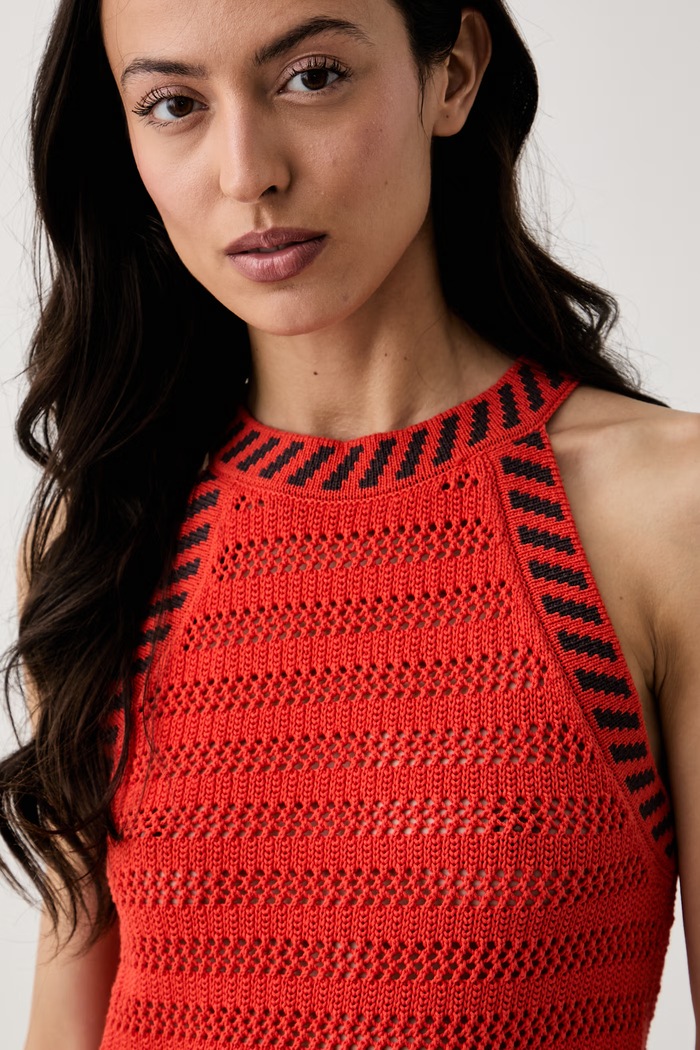 United Colors of Benetton bluzka halter damska ażurowa czerwony 1MDDEH01K