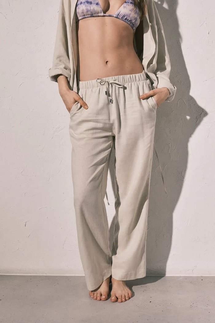 women'secret spodnie plażowe z dodatkiem lnu beżowy 5543668