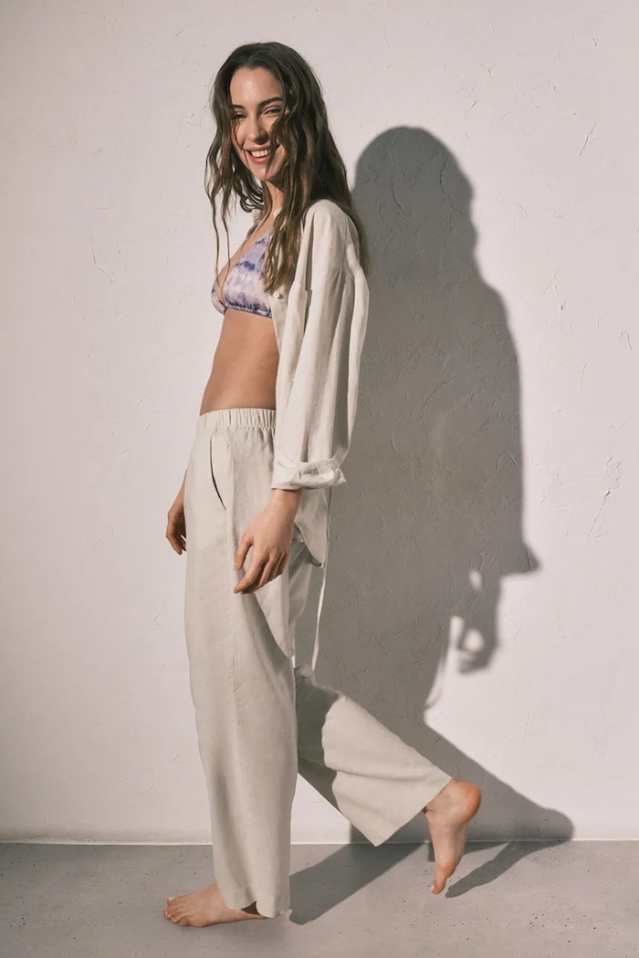 women'secret spodnie plażowe z dodatkiem lnu beżowy 5543668