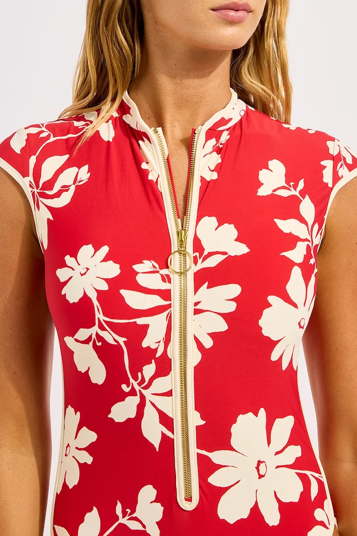 Seafolly jednodielne plavky dámske Cap Sleeve Zip Front červená 60290.299