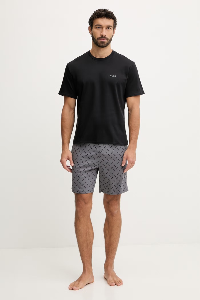 Памучна пижама BOSS Relax Short Set надпис сив 50557174