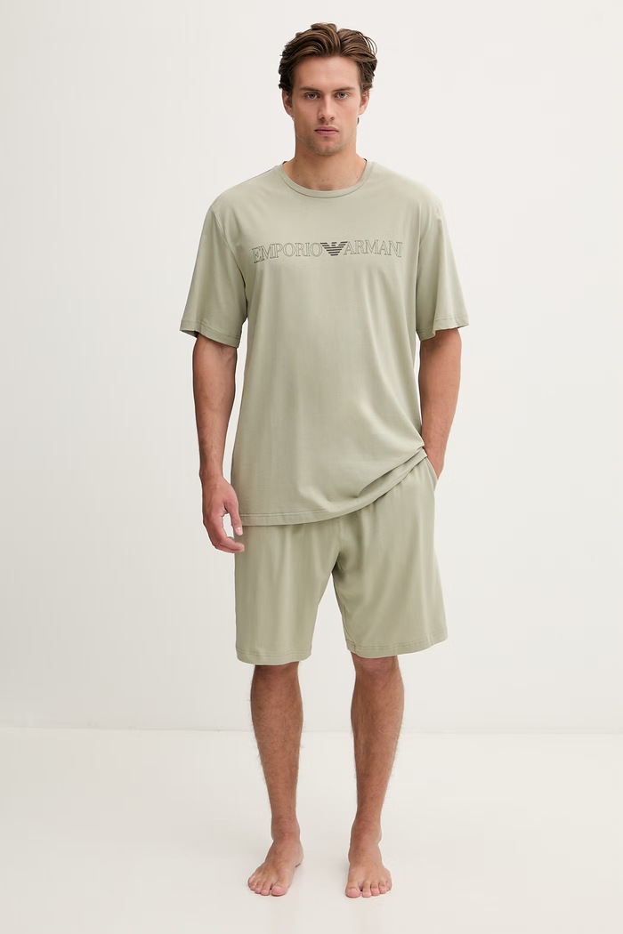 Emporio Armani Underwear pijama din două piese pentru bărbați, din bumbac cu elastan verde EM000400.AF18890