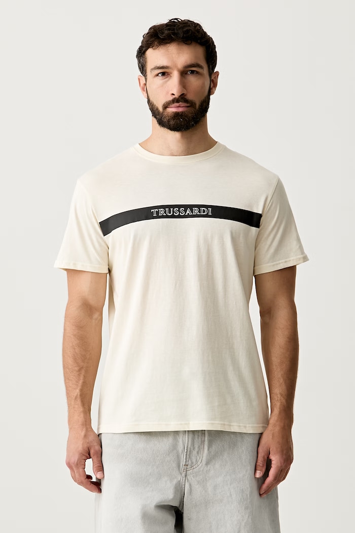 Trussardi T-shirt męski bawełniany beżowy TRU26MTS03